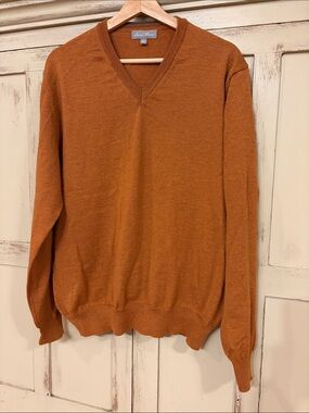 Toscano Firenze Firenxe Merino Wool V Neck Pullover Sweater Rust Orange Large